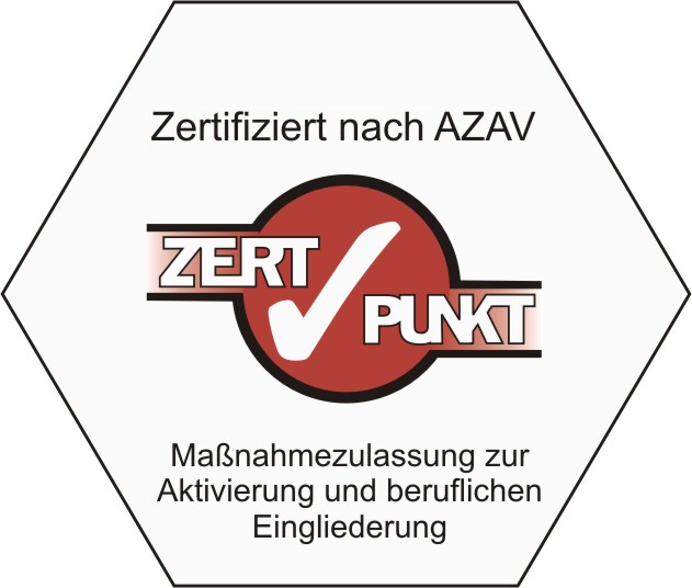 Das AZAV-Siegel der Zertpunkt ist ein Sechseck mit dünner schwarzer Umrandung mit dem Schriftzug: Zertifiziert nach AZAV Maßnahmezulassung zur Aktivierung und beruflichen Eingliederung. Im Zentrum des Sechsecks befinder sich ein hellroter Punkt mit dem Schriftzug ZERT PUNKT in weißen Großbuchstaben.