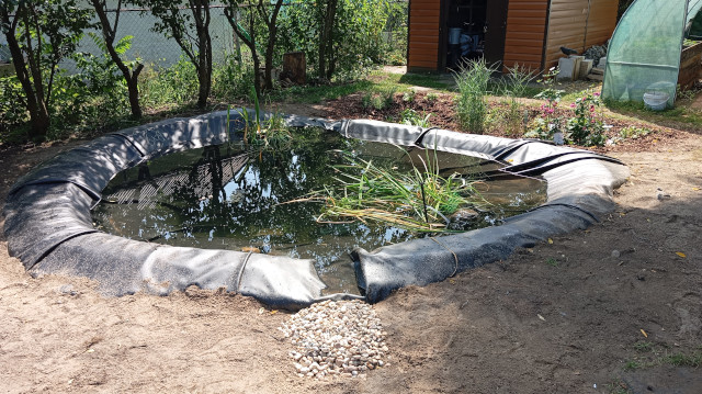 Das Bild zeigt einen im Bau befindlichen Gartenteich von 2,5 Meter Durchmesser. Die Folie ist am Ufer wulstförmig erhöht und befestigt. Im Vordergrund befindet sich in der Wulst eine zirka 15 Zetimeter breite Lücke, die als Überlauf bei starken Regenfällen dient. Im Teich befindet sich bereits Wasser und einige Wasserpflanzen.